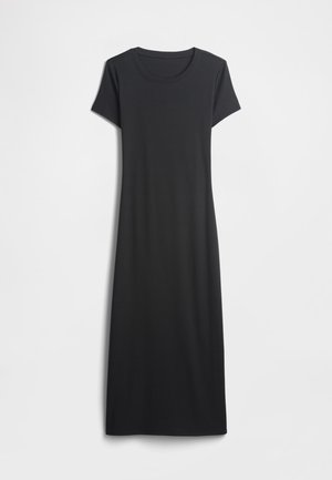 Black, short-sleeve dress with a round neckline, made of soft fabric, featuring a simple, straight silhouette with no additional patterns or details.