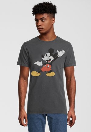 Gray short-sleeve t-shirt featuring a vintage Mickey Mouse graphic in black, red, and yellow, made of soft cotton fabric with a regular fit.