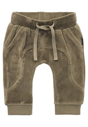 Bløde babybukser i olivengrøn med ribstrikkede manchetter, sidelommer og snøre i taljen foran, lavet af blødt stof.