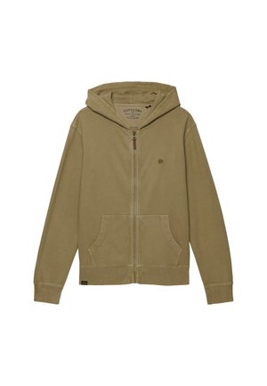 Hellbrauner Kapuzenpullover mit Reißverschluss, Kängurutaschen, langen Ärmeln und einem kleinen gestickten Logo auf der linken Brust.