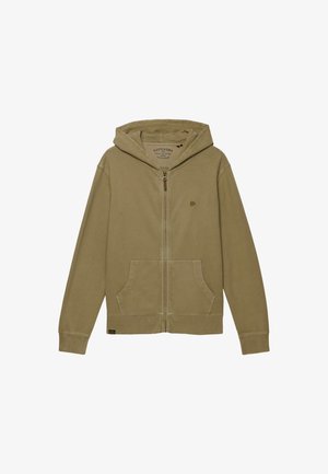 Hellbrauner Kapuzenpullover mit Reißverschluss, Kängurutaschen, langen Ärmeln und einem kleinen gestickten Logo auf der linken Brust.