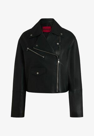 Black leather cropped biker jacket with a notched collar, zippered pockets, and silver hardware detailing. Features a red logo label inside.