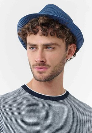 Young man with curly hair and beard wearing a blue fedora hat and textured gray sweater, looking slightly to the side against white background.