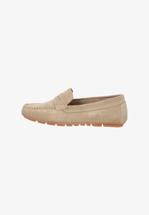Beige Wildleder Slipper mit runder Zehenform, dekorativen gestickten Akzenten und einer Gummisohle mit kleinen Rillen für besseren Halt.