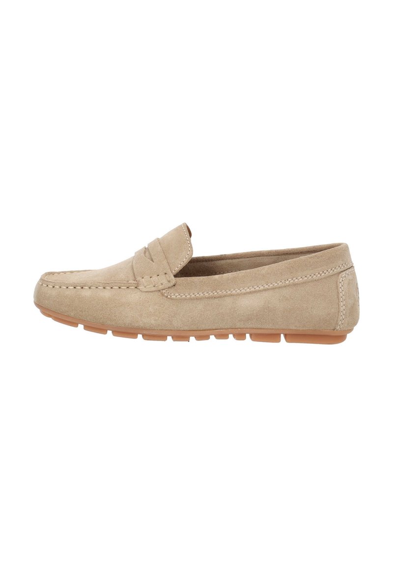 Beige Wildleder Slipper mit runder Zehenform, dekorativen gestickten Akzenten und einer Gummisohle mit kleinen Rillen für besseren Halt.