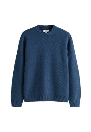 Niebieski sweter o teksturowanej powierzchni z wzorem dzianiny w zygzak, ściągaczem na dekolcie i mankietach. Regularny krój z gładkim wykończeniem i miękkim materiałem.