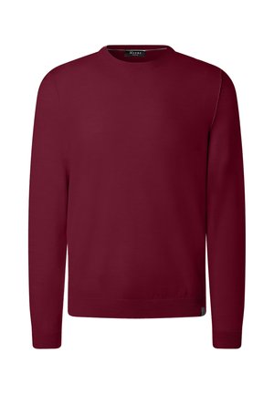 Pull en maille uni à col rond, manches longues, couleur bordeaux, avec des poignets et un ourlet côtelés, présenté sur un fond blanc.