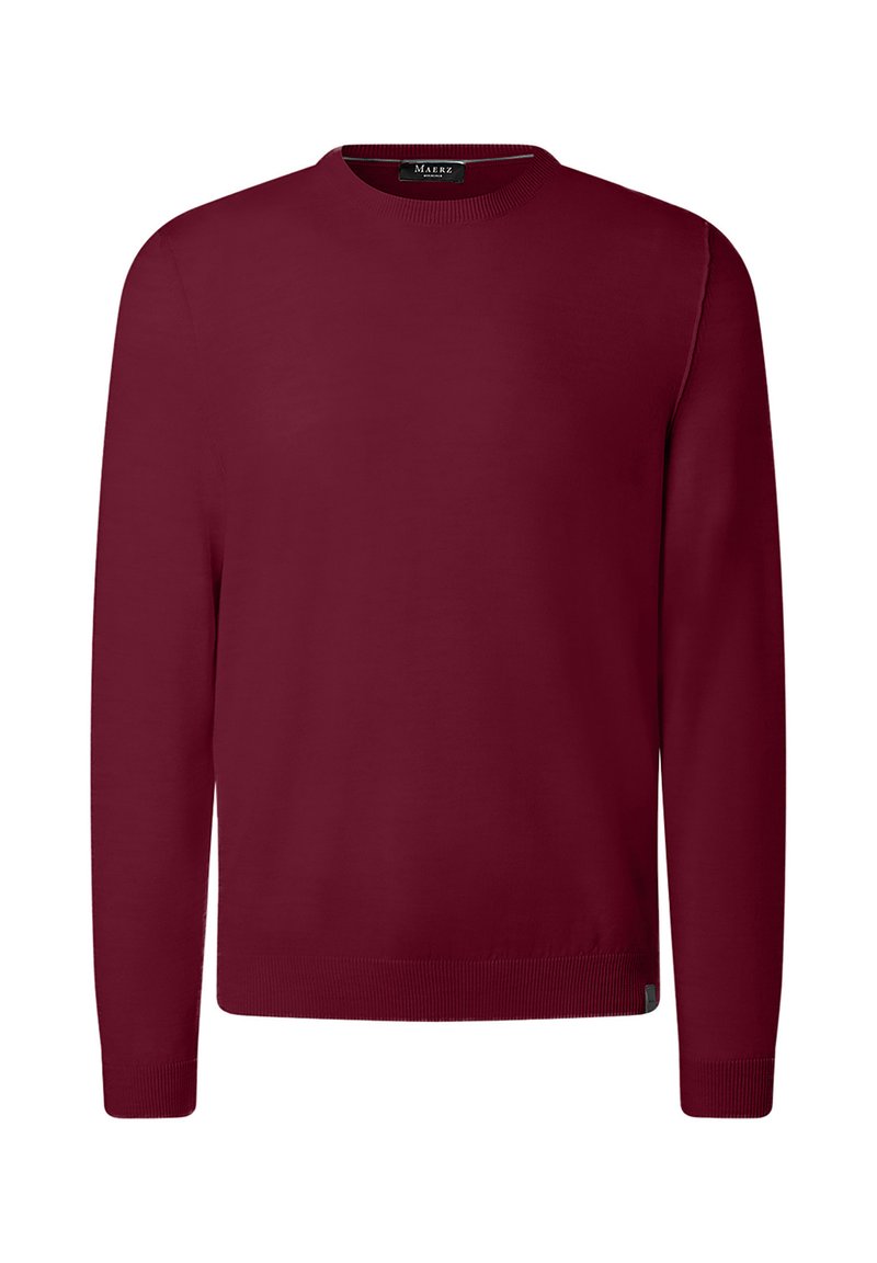 Burgundy långärmad tröja med rund hals, ribbade manschetter och nederkant, enkel stickad tyg, uppställd på vit bakgrund.