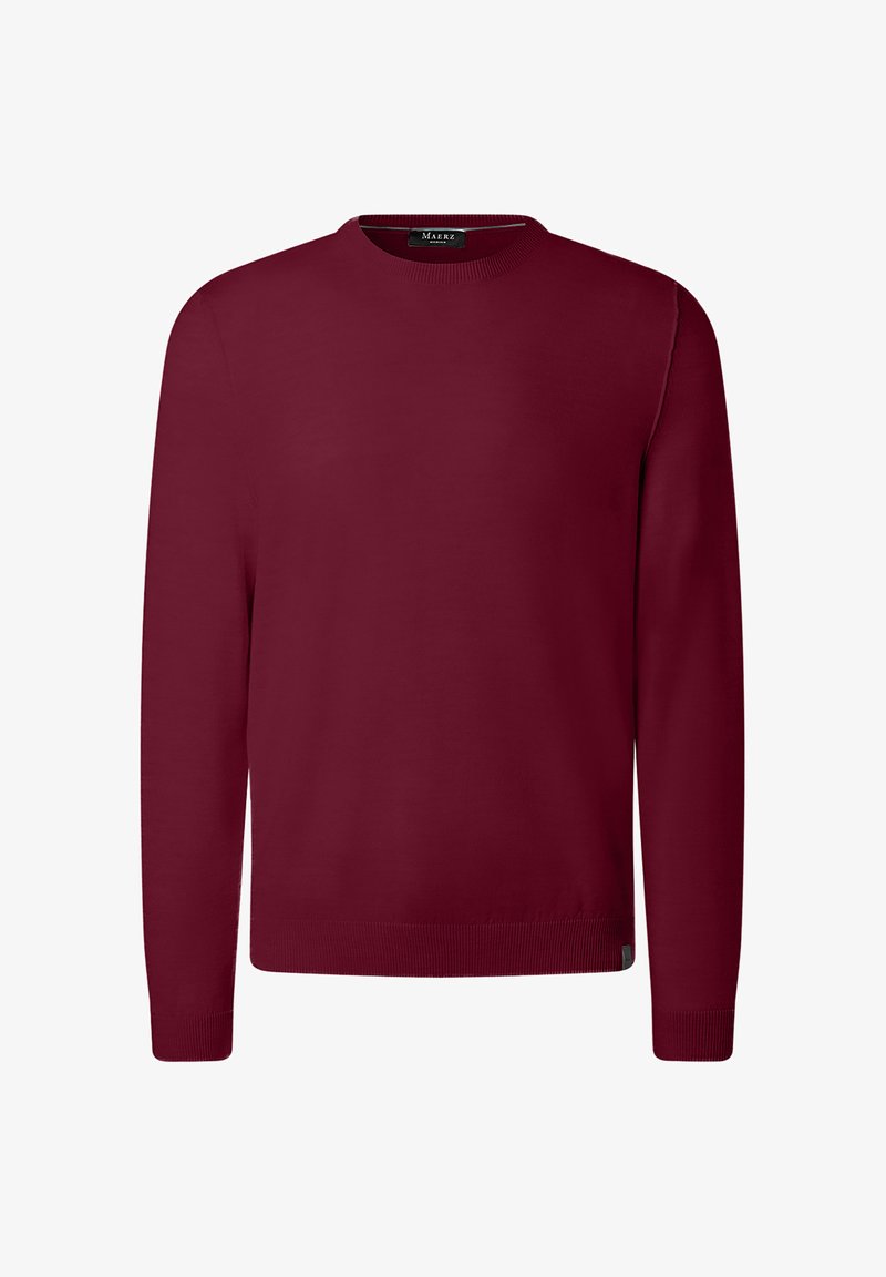 Pull en maille uni à col rond, manches longues, couleur bordeaux, avec des poignets et un ourlet côtelés, présenté sur un fond blanc.