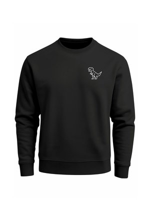 Schwarzer Pullover aus Baumwolle mit rundem Halsausschnitt und gerippten Bündchen. Mit einem weißen Dinosaurier-Graphic auf der Brust. Glatte Textur.