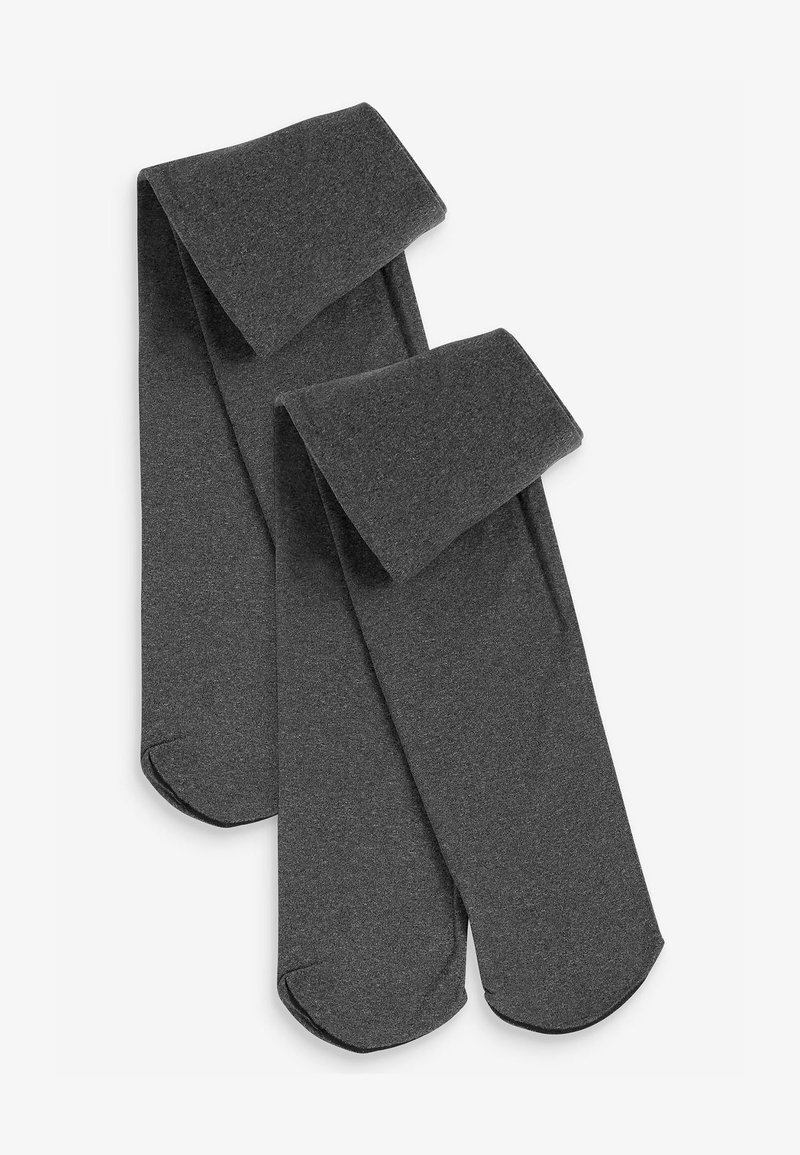 Deux paires de collants gris foncé avec une texture douce, une finition lisse et un haut plié. orteils ronds et sans motifs ni éléments visibles.