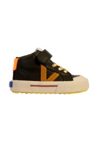 Black high-top sneaker with orange and yellow accents, featuring a Velcro strap, textured side panels, and a white rubber sole with a yellow tread.
