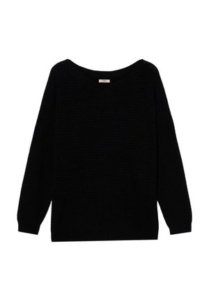 Maglione nero lavorato a maglia con scollo ampio, maniche lunghe e motivo testurizzato su tutta la superficie. Nessuna ferramenta o dettaglio visibile.