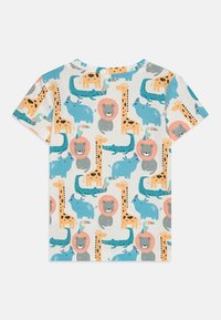 Kortsleeve t-skjorte med et fargerikt dyremønster. Laget av lett stoff med blå, oransje og grå tegneserie-dyr på en kremhvit bakgrunn.