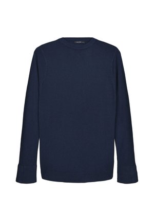 Marineblauer Pullover mit Rundhalsausschnitt, langen Ärmeln, gerippten Bündchen und Saum. Hergestellt aus leichtem, glatt strukturiertem Stoff. Einfaches Design.