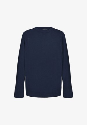 Marineblauer Pullover mit Rundhalsausschnitt, langen Ärmeln, gerippten Bündchen und Saum. Hergestellt aus leichtem, glatt strukturiertem Stoff. Einfaches Design.