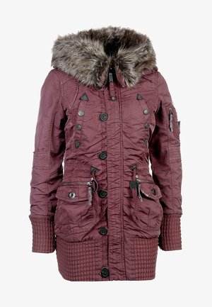 Veste d'hiver bordeaux avec grand col en fausse fourrure, fermeture à boutons et fermeture éclair, poches avant avec boutons, et poignets et ourlet en tricot.