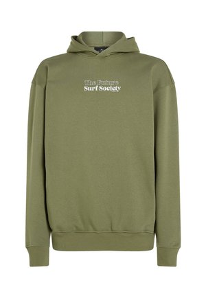 Sweat-shirt vert olive en tissu doux, avec une poche kangourou, des poignets et un ourlet côtelés. Le texte indique "La Société de Surf du Futur" en blanc.