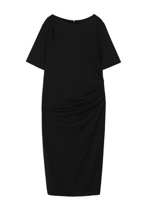 Črna kratek rokav obleka iz gladkega materiala, z okroglo izrezom in nabranjem v predelu pasu za prilagojen kroj.