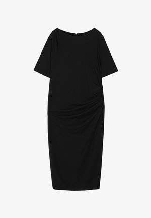 Rochie neagră cu mâneci scurte, confecționată dintr-un material neted, având un decolteu rotund și detalii pliate la talie pentru o ajustare perfectă.