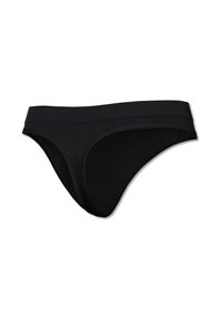 Schwarze Bikini-Unterwäsche aus einem glatten, dehnbaren Stoff mit einem breiten Bund. Entworfen für minimale Abdeckung und ein nahtloses Finish.