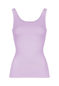 Mouwloze, getailleerde lavendelkleurige tanktop met een ronde halslijn en zachte stof, weergegeven op een witte achtergrond.