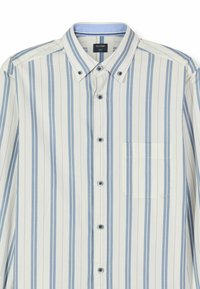 Gestreiftes Hemd mit Knopfleiste in Hellblau und Weiß. Verfügt über einen klassischen Kragen, eine Fronttasche und blaue Knöpfe. Strukturierter Stoff mit vertikalen Streifen.