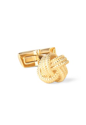 Gold-tone cufflink featuring a knot design with braided texture, paired with a rectangular flat back for secure fastening.