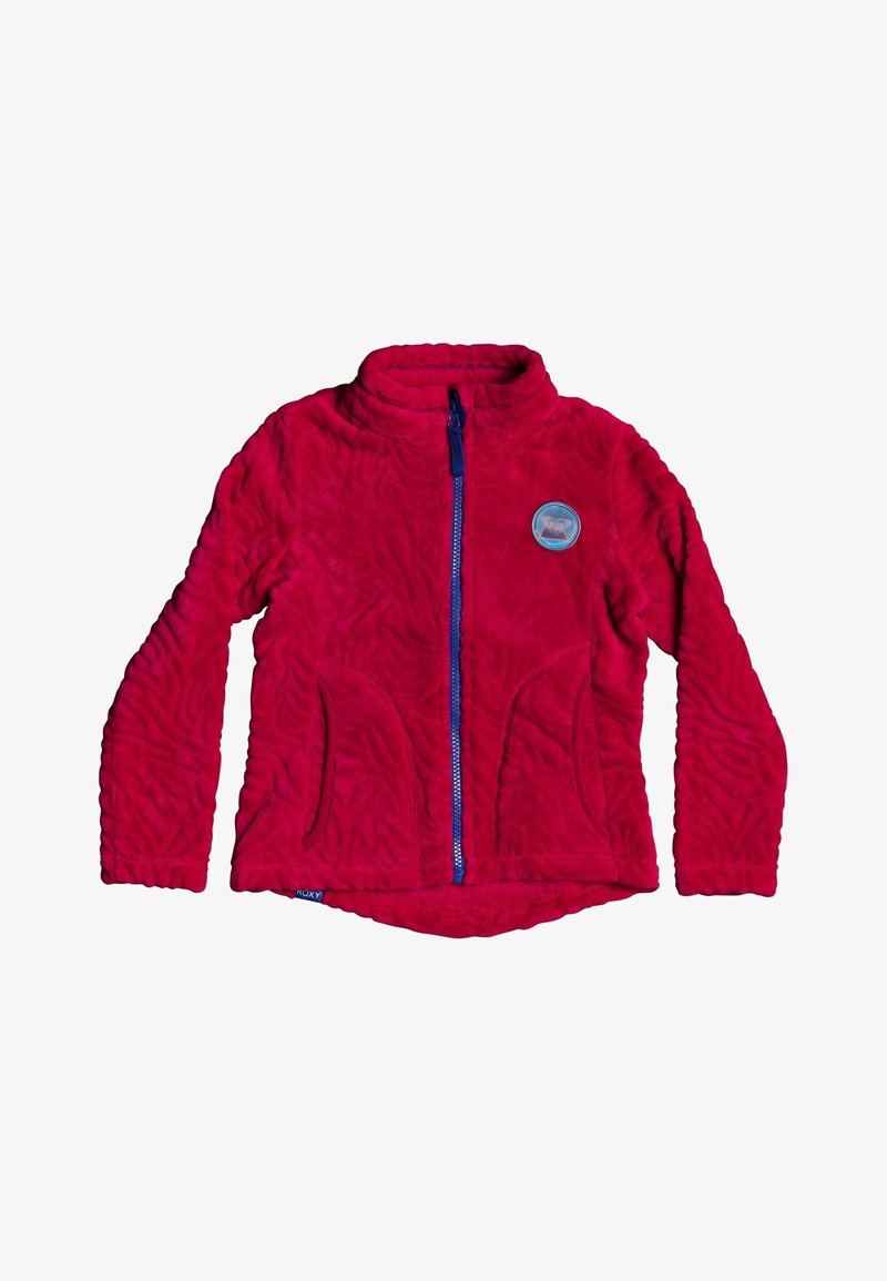Rote Fleecejacke mit strukturiertem Muster, hohem Kragen, blauem Reißverschluss, zwei Vordertaschen und rundem Logopatch auf der Brust.