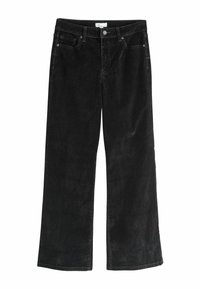 Pantaloni negru din corduroy, cu croiala largă, dotati cu o închidere cu buton, două buzunare frontale și o textură ușor decolorată. Design simplu și casual.