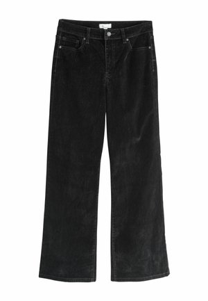 Sorte kordfløjel bredbenede bukser med knaplukning, to frontlommer og en let falmet tekstur. Enkel og afslappet design.