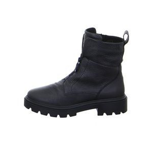 Schwarzer Leder-Stiefelette mit dicker Gummisohle, Reißverschluss vorne, gepolstertem Schaft und Zuglasche am Rücken für einfaches An- und Ausziehen.