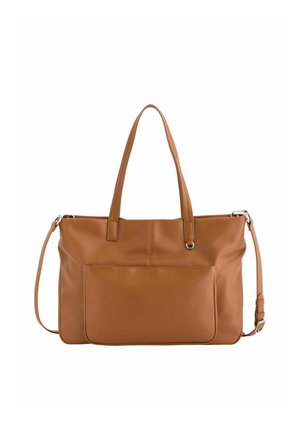 Braune Ledertasche mit doppelten Griffen, Fronttasche und verstellbarem Schultergurt vor weißem Hintergrund.