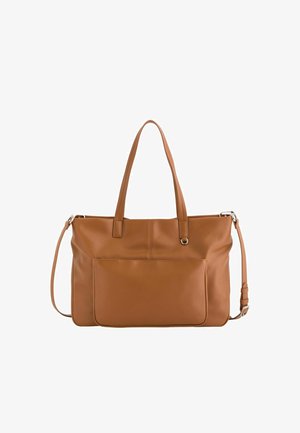 Braune Ledertasche mit doppelten Griffen, Fronttasche und verstellbarem Schultergurt vor weißem Hintergrund.