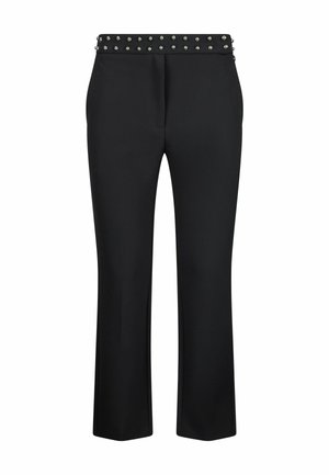 Pantalon noir droit avec ceinture cloutée, fermeture éclair à l'avant et coupe ajustée.