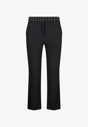 Black straight-leg trousers with studded waistband detail, front zipper, and tailored fit.