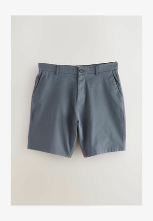 Grijze shorts van lichte stof, met een platte voorkant, zijzakken en een enkele knoopsluiting bij de taille.