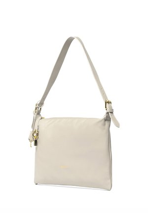 Beige leather shoulder bag with adjustable strap, gold-tone buckle, and small lock detail on the side.