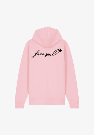 Felpa con cappuccio rosa a vestibilità rilassata, caratterizzata da testo corsivo nero "free soul" e una piccola grafica di un uccello sul retro. Tessuto morbido.