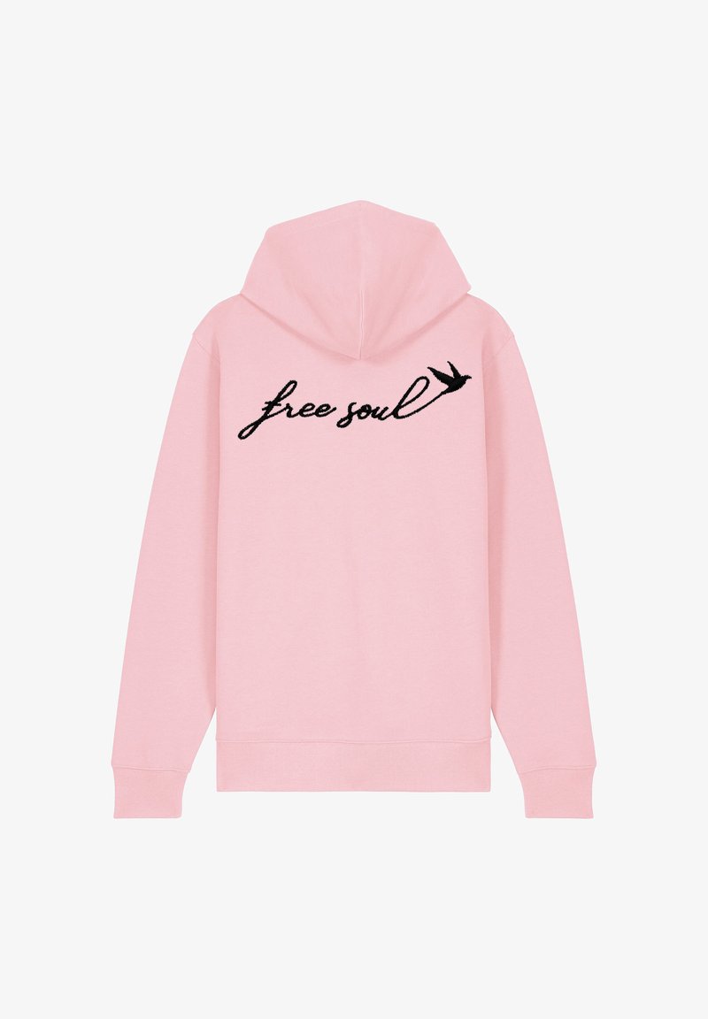 Felpa con cappuccio rosa a vestibilità rilassata, caratterizzata da testo corsivo nero "free soul" e una piccola grafica di un uccello sul retro. Tessuto morbido.