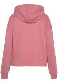 Felpa rosa con cappuccio e vestibilità rilassata, dotata di maniche lunghe e polsini a coste, realizzata in un tessuto morbido con una superficie liscia.