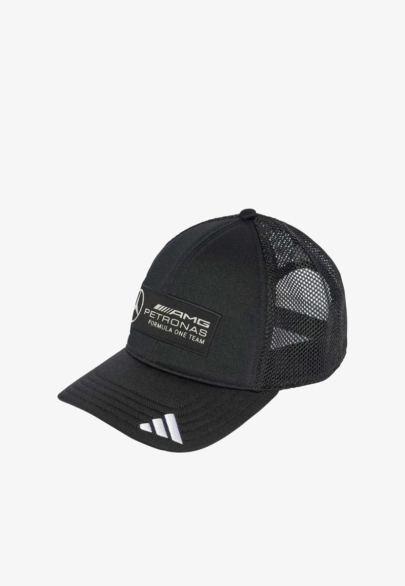 Black cap with soft fabric front, mesh sides, and a curved visor. Features a logo patch and three white stripes on the visor's edge.