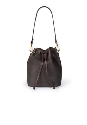 Dark brown leather bucket bag with drawstring closure and adjustable shoulder strap, featuring gold-tone hardware accents.