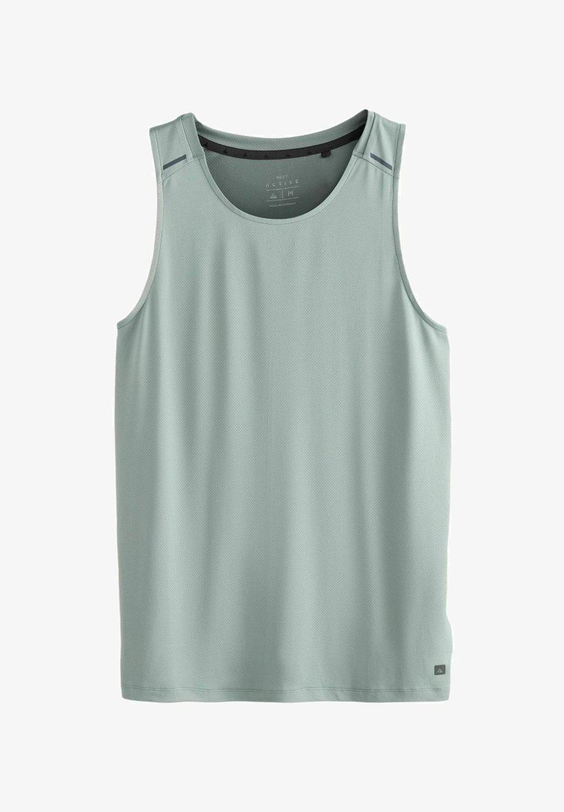 Débardeur de sport vert clair sans manches avec encolure ronde, petite étiquette logo à l'ourlet inférieur et détails subtils aux épaules.