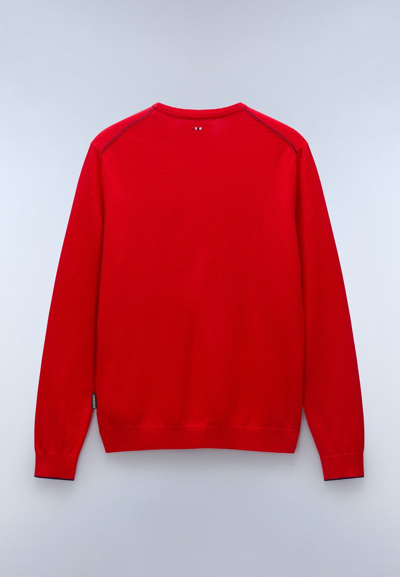 Czerwona bluza z długim rękawem, okrągłym dekoltem i gładką teksturą, z wzmocnionymi szwami na ramionach. Minimalne logo na dolnym końcu.