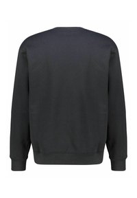 Zwarte sweatshirt met een klassieke ronde hals. Heeft lange mouwen en ribgebreide boorden en onderrand. Gladde textuur, minimalistisch ontwerp, geen zichtbare logo's.