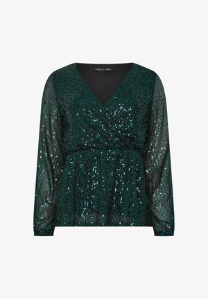 Vihreä paljetein koristeltu pitkähihainen paita V-pääntieltä. Kimaltava pinta, jossa on kapea vyötärö ja valuvat hihat, mustalla vuorauksella.