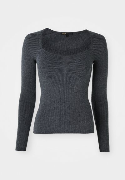 Dark gray long-sleeve ribbed sweater with a square neckline and textured pattern on the chest. Made from soft knit fabric.
