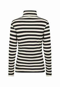 Black and white striped long-sleeve top with a high neck. Made of ribbed material, featuring evenly spaced horizontal stripes.