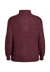 Burgundy knit sweater with a high neck, ribbed texture, drop shoulders, and long sleeves. Simple design with a loose fit.